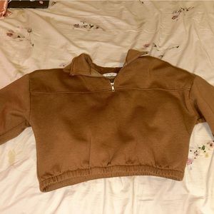 Cropped half zip brown sweater